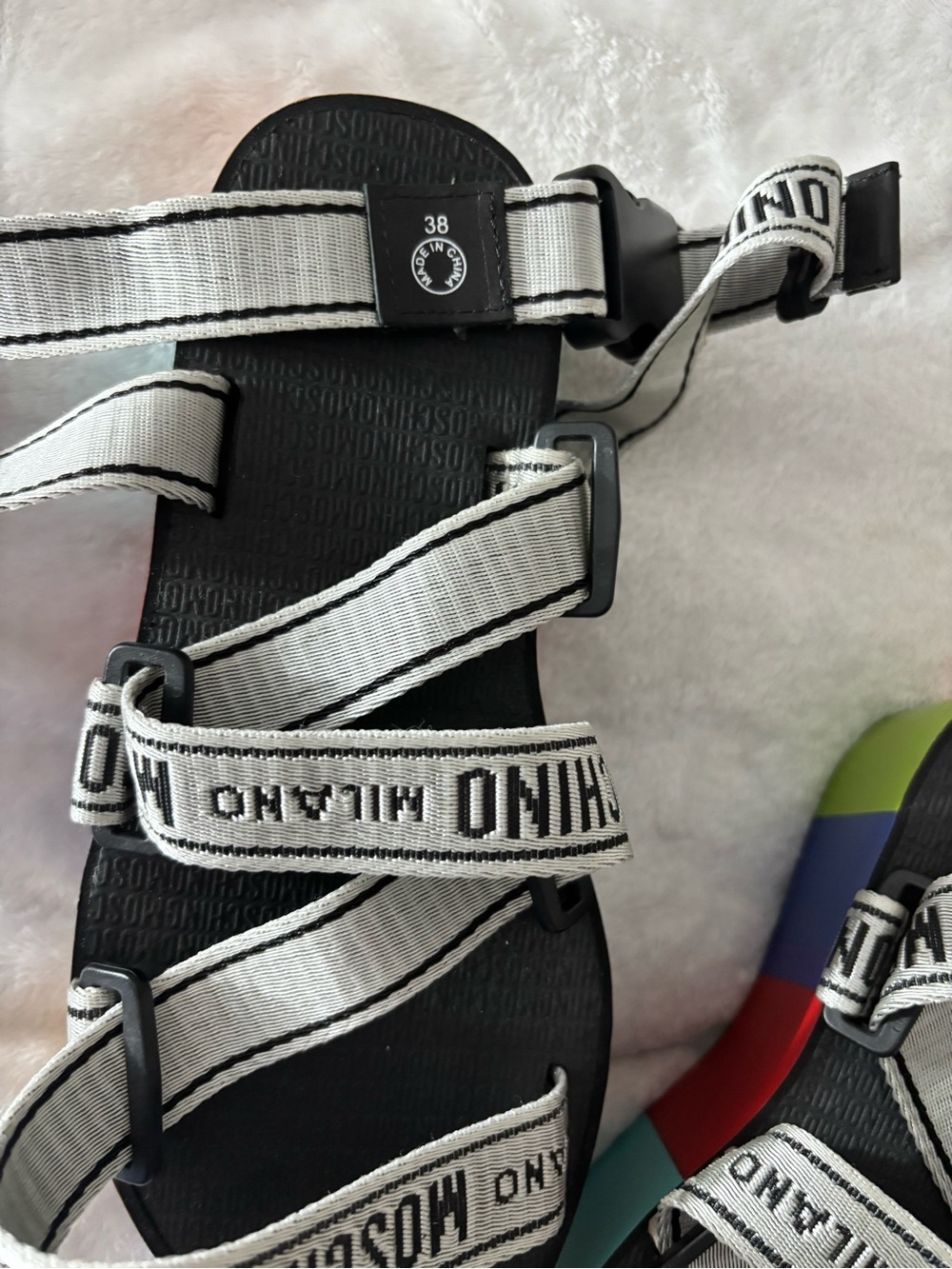 Moschino women’s Silver Logo Strap Platform Sandals with Rainbow Blocks - Picture 5 of 6
